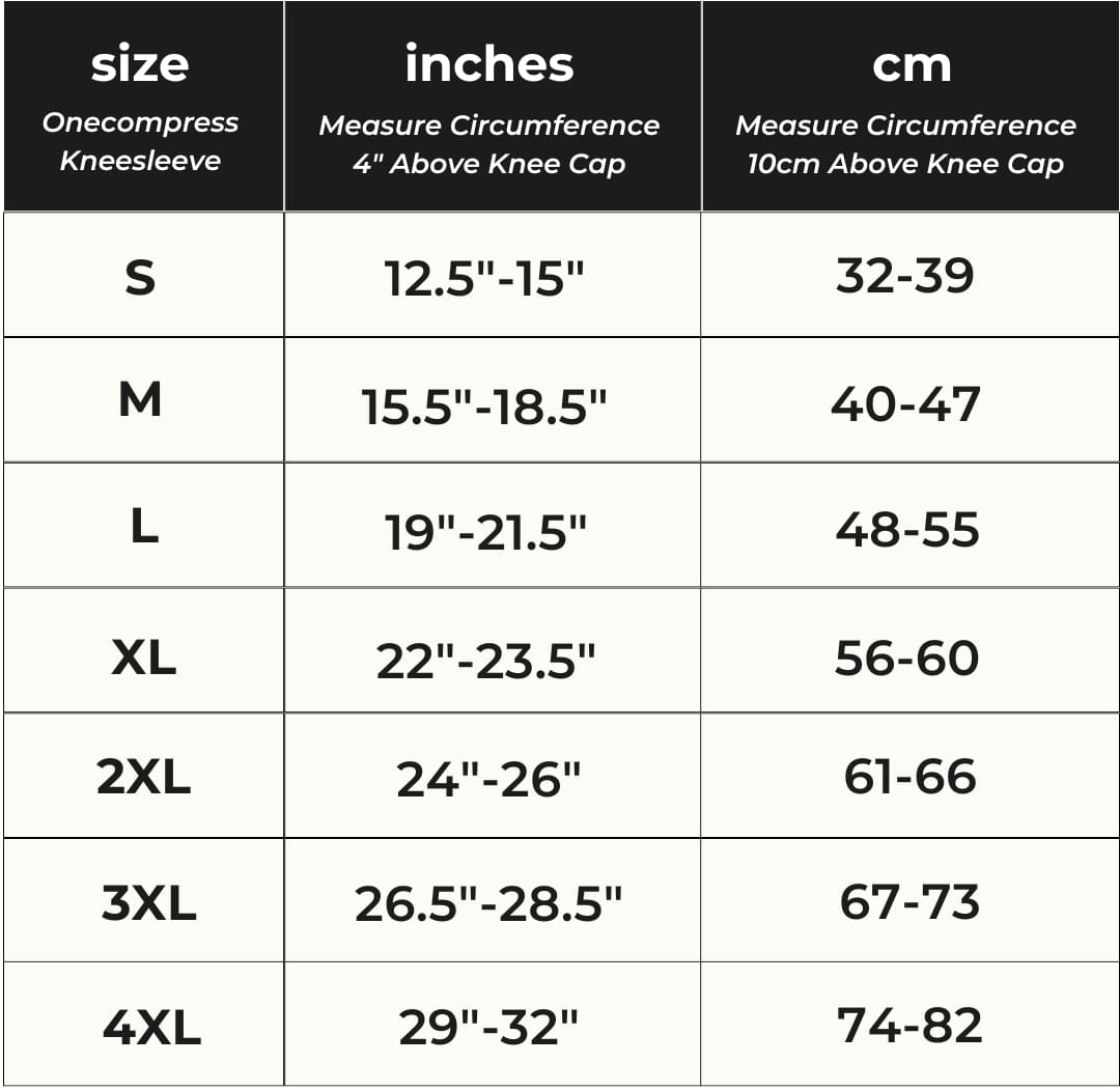 Knee Sleeve sizing chart: sizes S through 4XL, in inches and centimeters