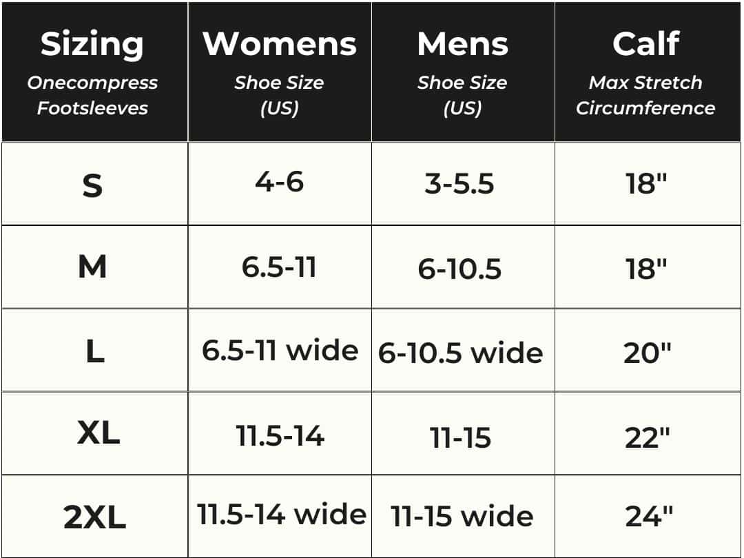 Sizing chart with women's and men's US shoe sizes and calf circumference